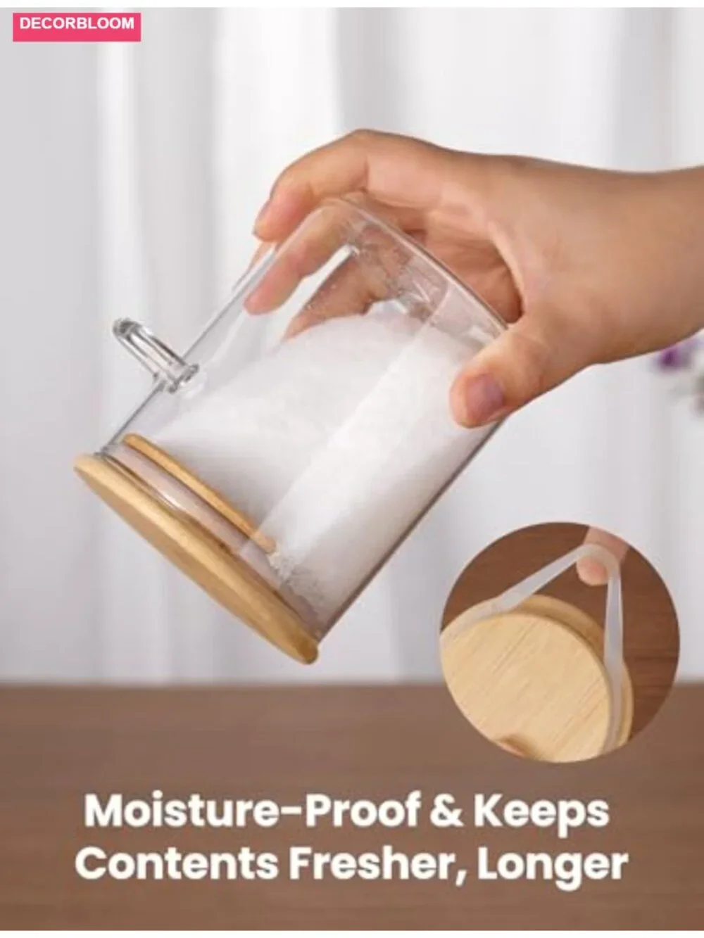 Glass Salt Cellar with Bamboo Lid and Spoon, 17oz Airtight Kitchen Container